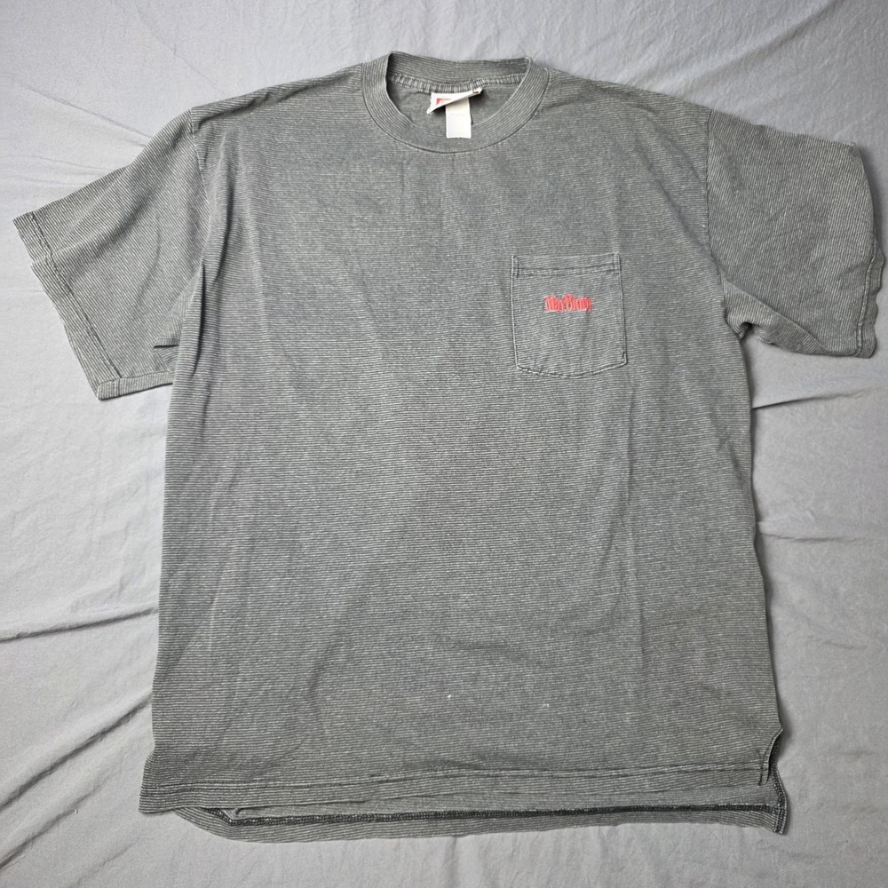 Vintage Marlboro Shirt Men's tshirt L XL Gray Striped Pocket Logo Graphic Tee